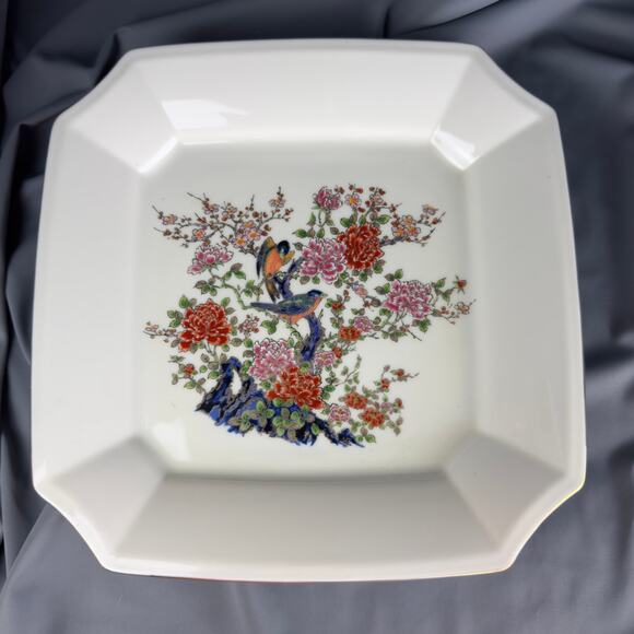 Toyo Japan Porcelain Plate Square 10” Birds Floral Hand Painted Style Gold Trim - Picture 1 of 5